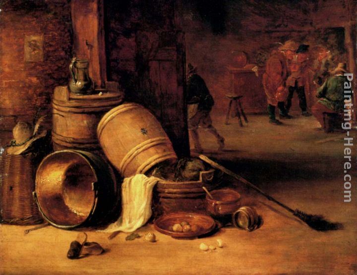 David the Younger Teniers An interior scene with pots, barrels, baskets, onions and cabbages with boors carousing in the background